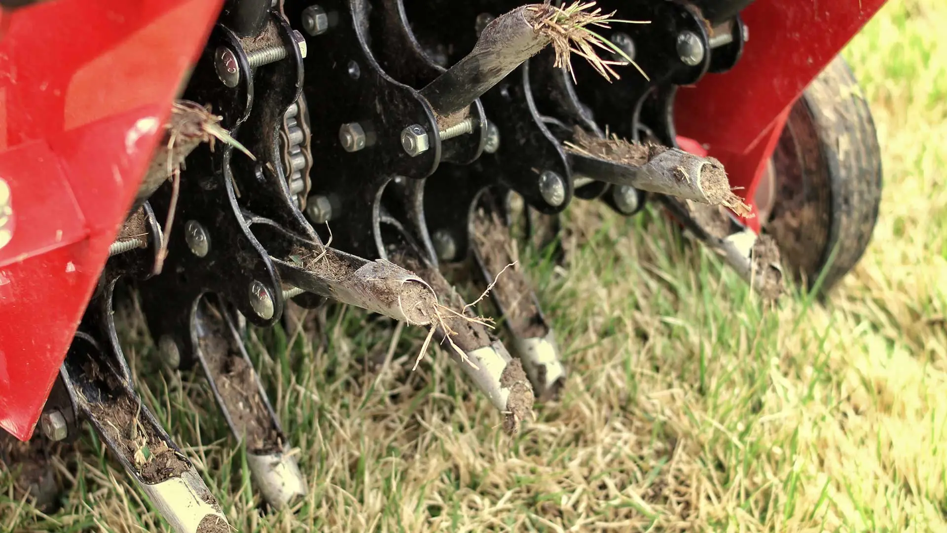 Ada, MI lawn being aerated by tiller machine.